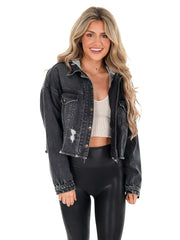 White Tri-Star Black Cropped Denim Hoodie Jacket