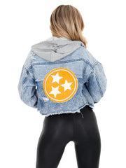 Orange Tri-Star Cropped Denim Hoodie Jacket