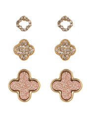 Druzy Rhinestone Pave Clover 3 Pair Post Earring