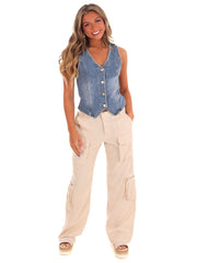 V-Neck Button Down Denim Vest