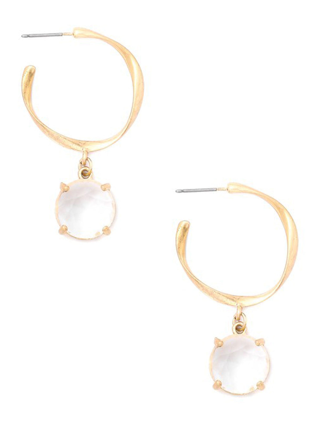 Metallic Glass Stone Charm Hoop Earrings