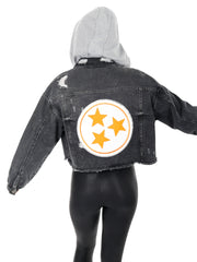 White Tri-Star Black Cropped Denim Hoodie Jacket