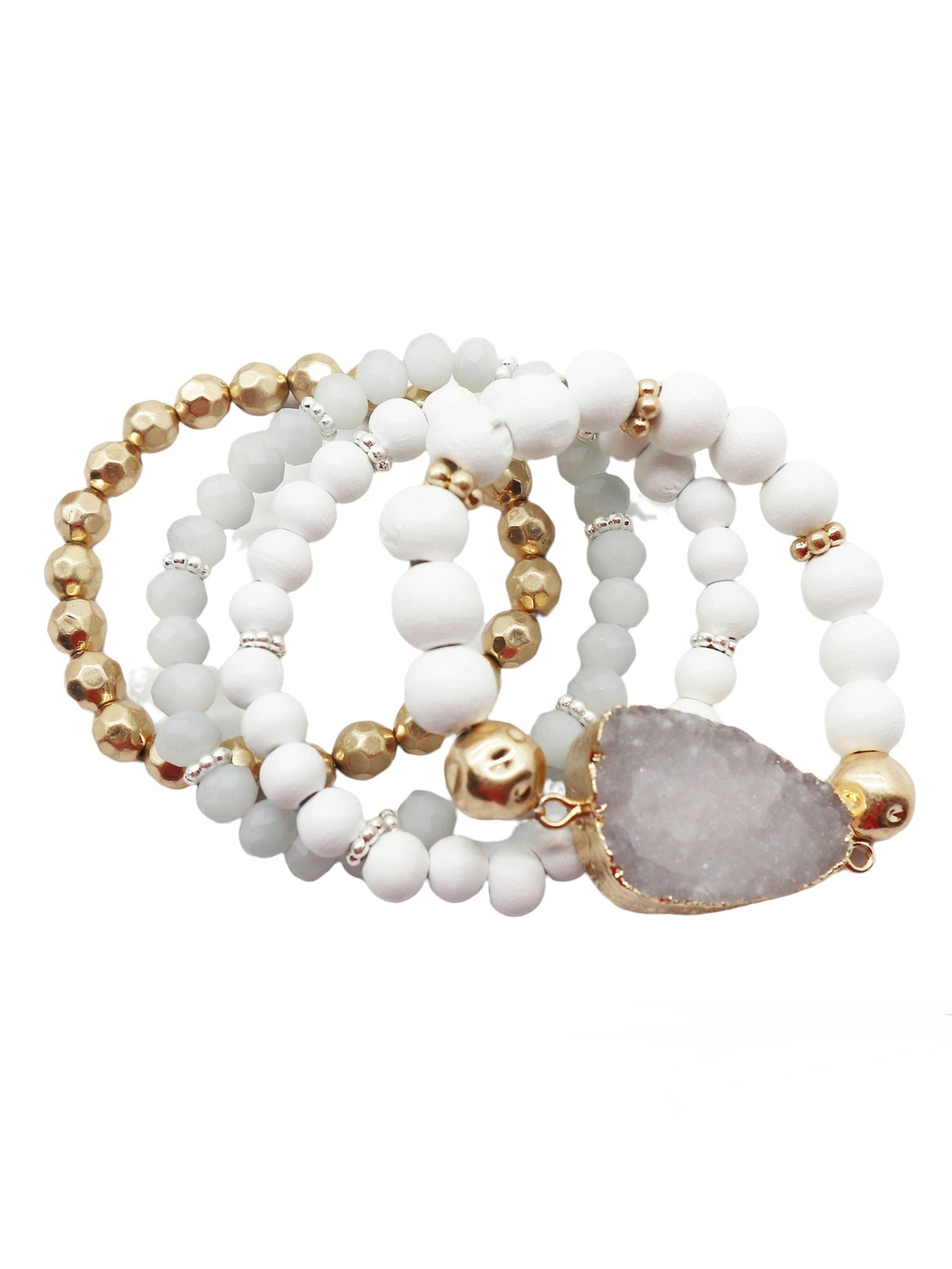 Layered Druzy & Wood Beaded Stack Bracelet