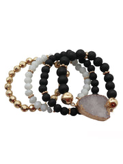 Layered Druzy & Wood Beaded Stack Bracelet